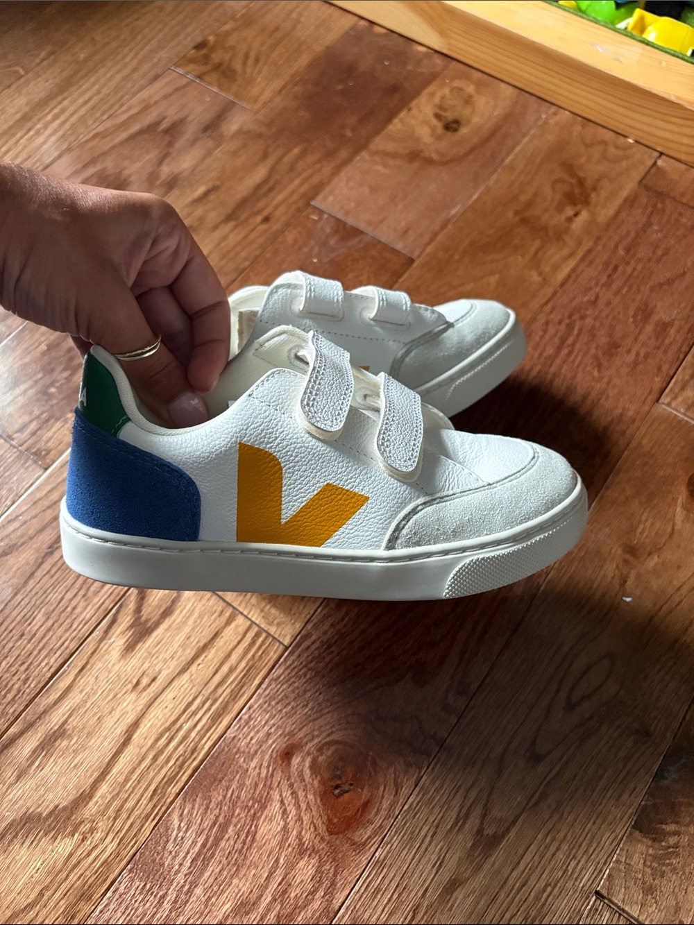 Veja Kids Low-Top Sneakers in White, Blue & Green